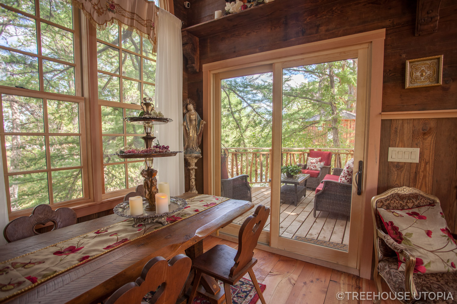  View from one of the gothic windows on Chapelle at Treehouse Utopia, a Texas Hill Country Retreat. Photo by Nelson Treehouse. 