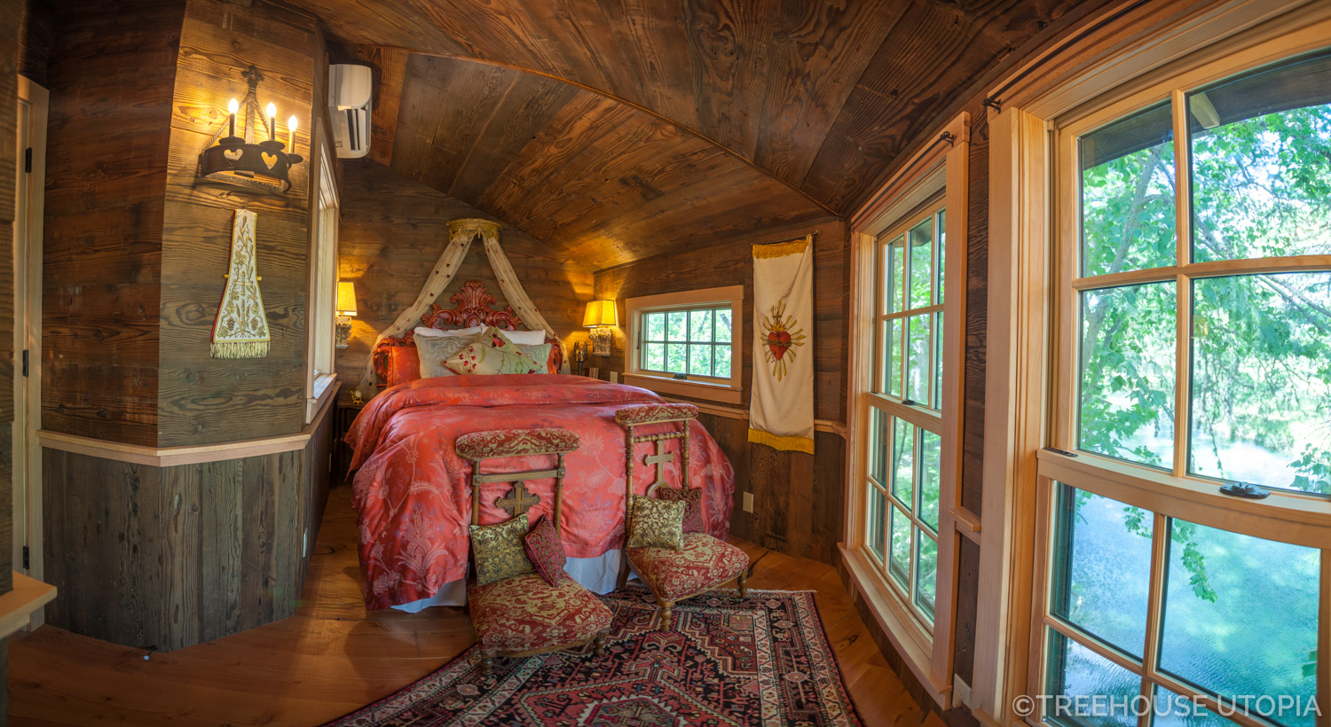  View from the bed inside Chapelle at Treehouse Utopia, a Texas Hill Country Retreat. Photo by Nelson Treehouse. 