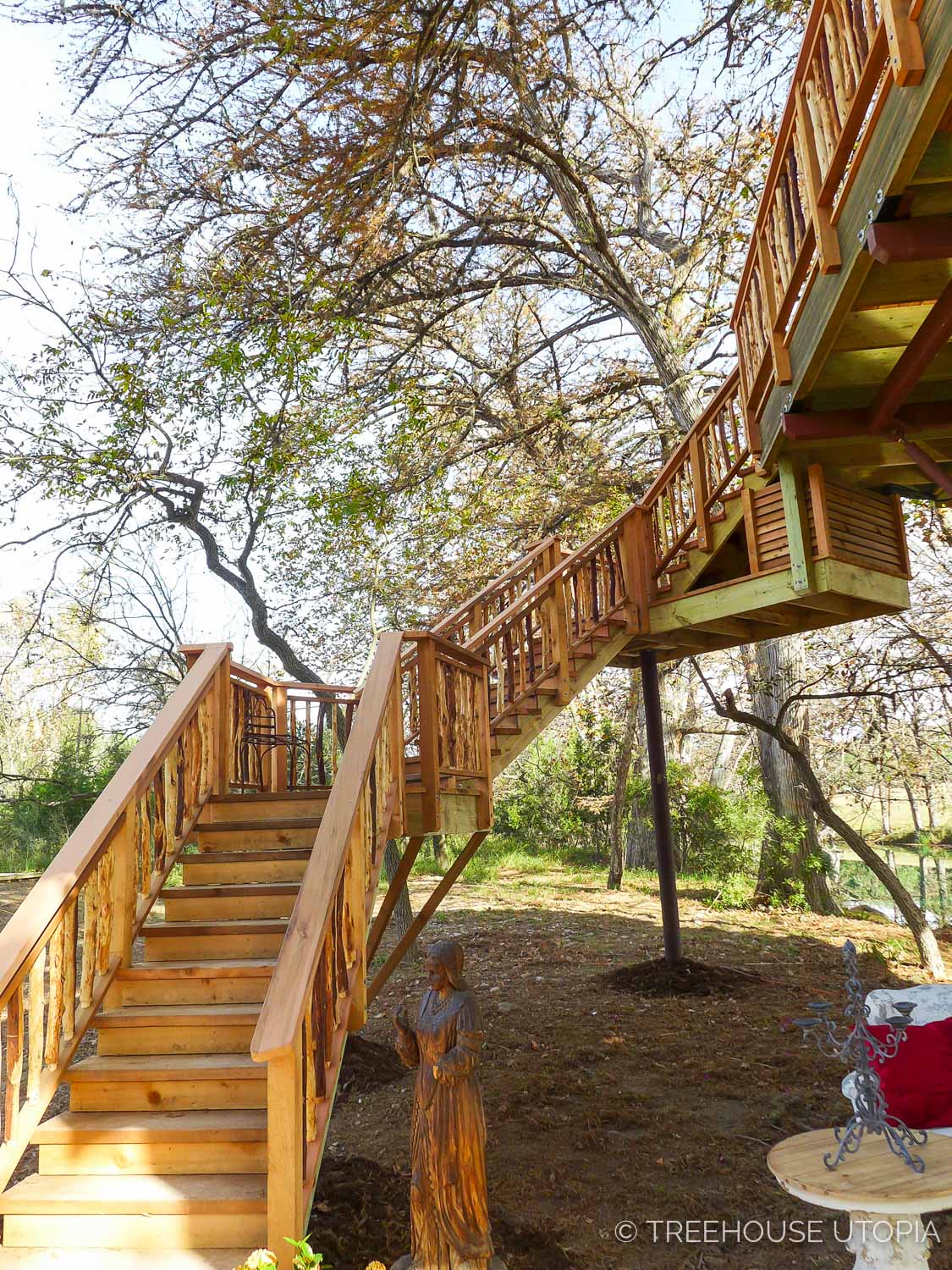  staircase to Chapelle at Treehouse Utopia, a Texas Hill Country Retreat. Photo by Nelson Treehouse. 